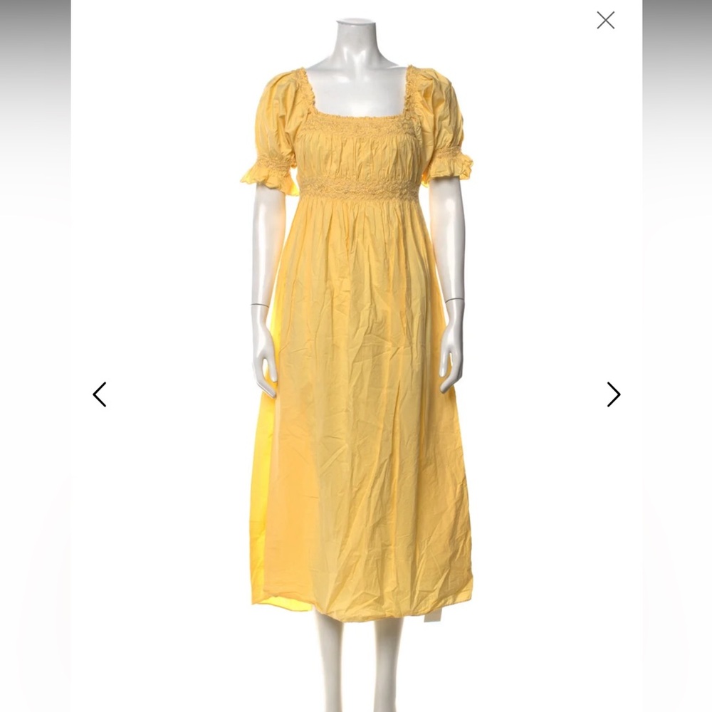 Doen Yellow Smocked Puff-Sleeve midi Dress